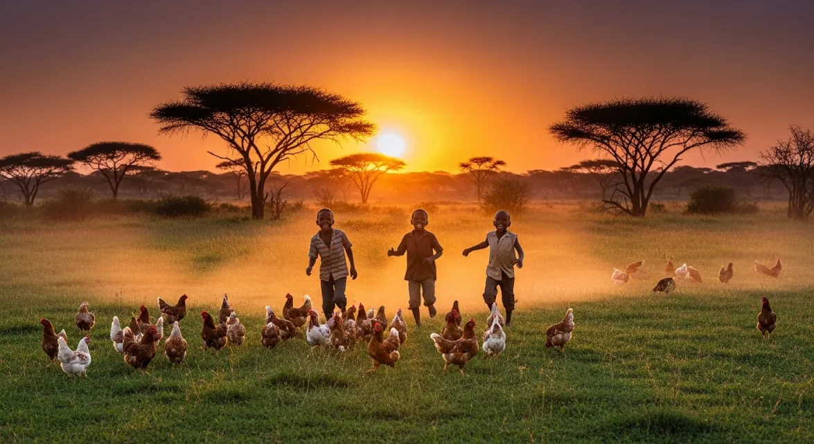 children laughing and playing with chickens in a vibrant green field at sunset, embodying the beauty and joy of childhood