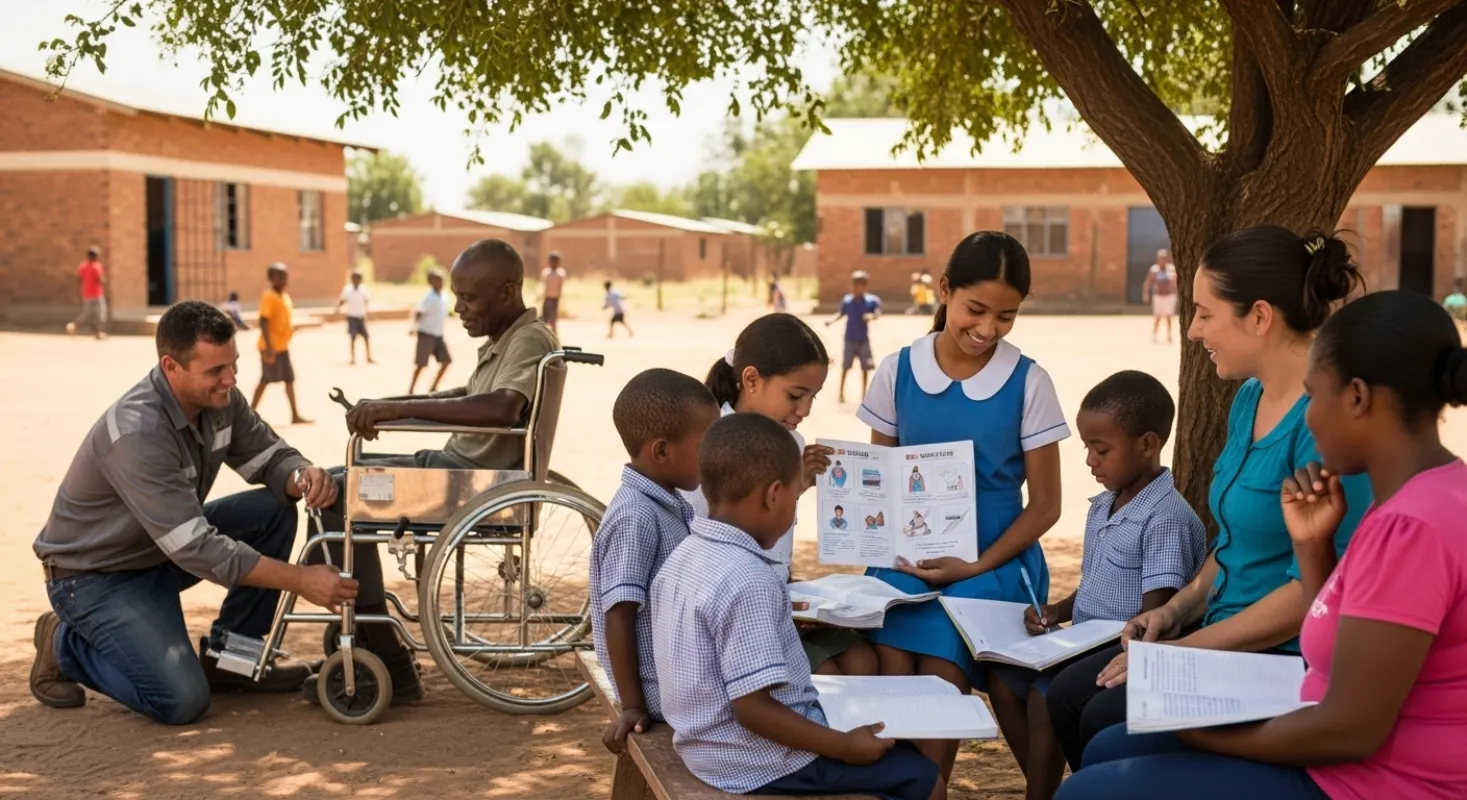 Community impact in Africa showing education, health, and mobility ripples from child sponsorship, with tutoring, health education, and wheelchair support.