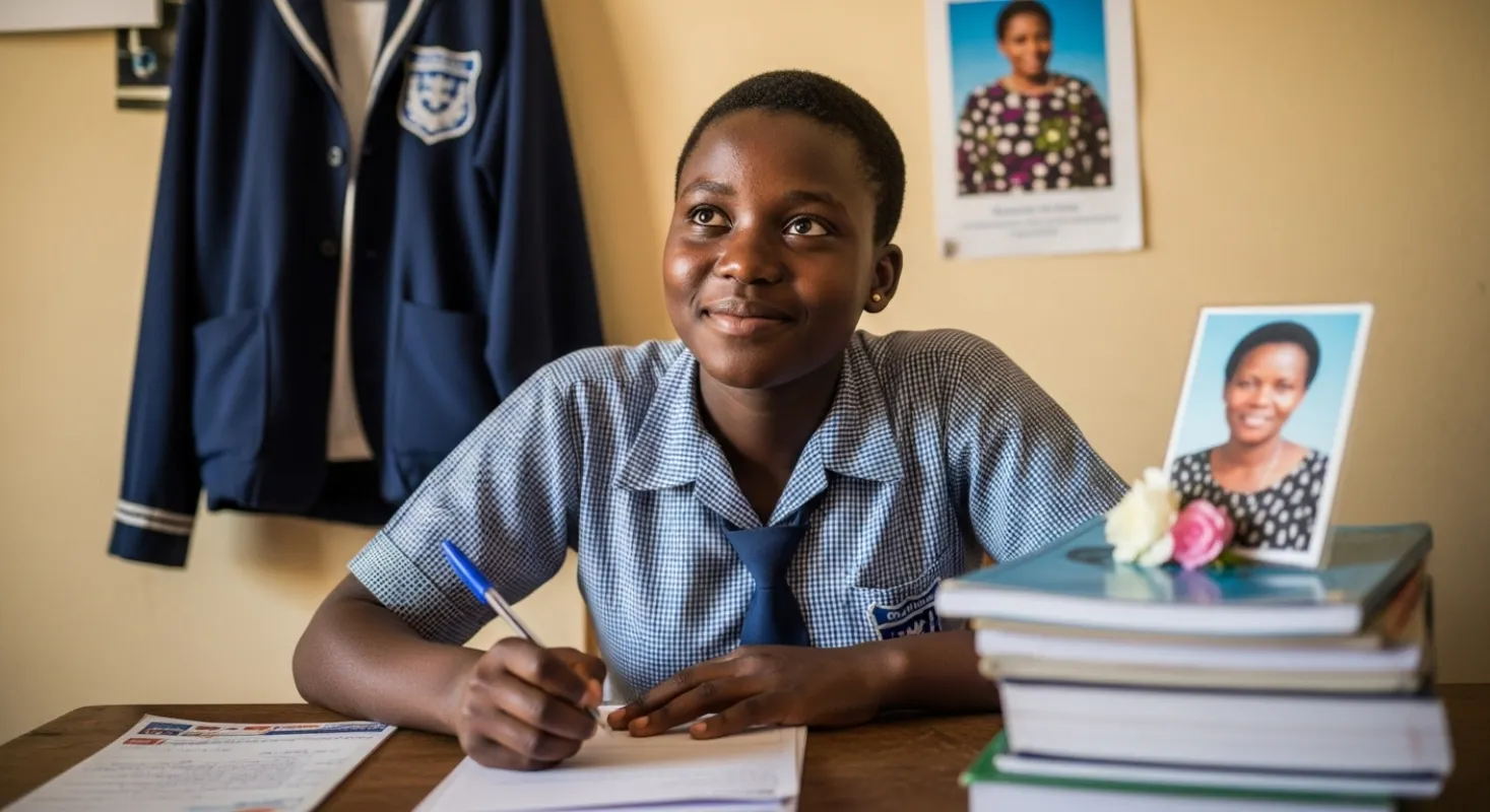 Grace reflecting gratefully on her journey, surrounded by her school supplies and a photo of her mother.