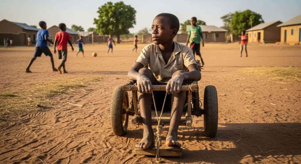 Joseph, a 10-year-old boy with mobility challenges, watching other children play from his makeshift cart