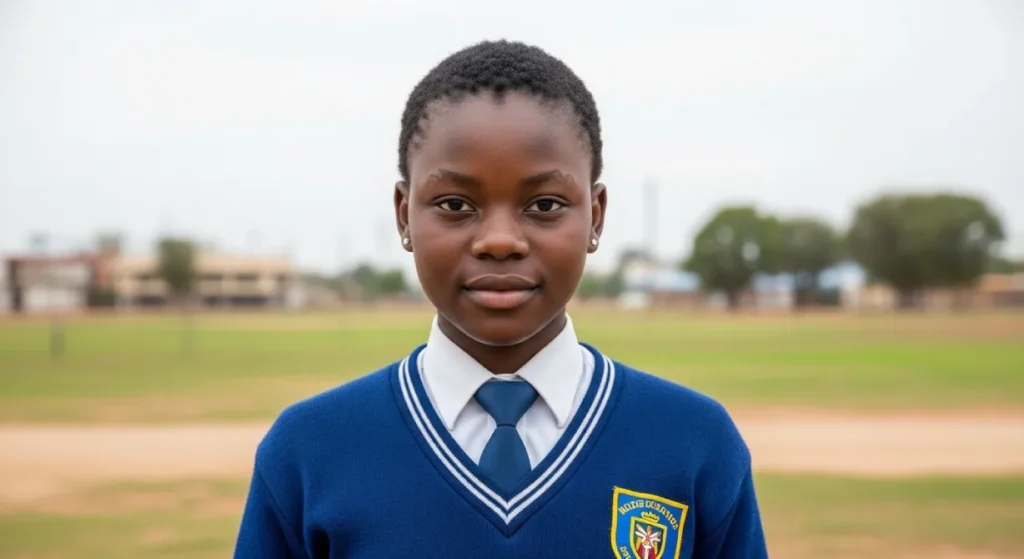 Chiku smiling proudly in her completely new school uniform
