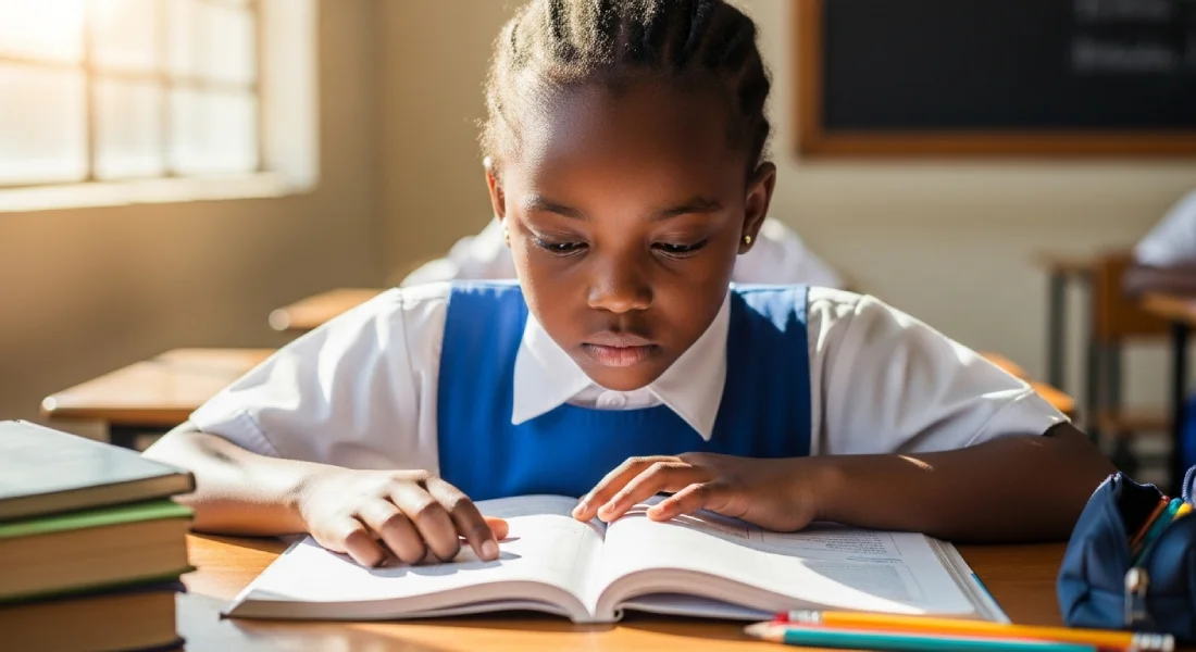 orphaned girl studying in class after sponsorship