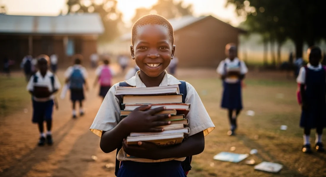 a sponsored child smiling while holding books