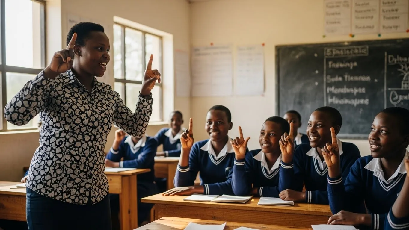 A teacher engages a small group of deaf students in a Tanzanian classroom, using animated sign language during a lively lesson