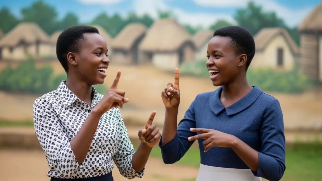 Two confident, smiling deaf young women in professional clothing communicate using sign language, showcasing empowerment and community