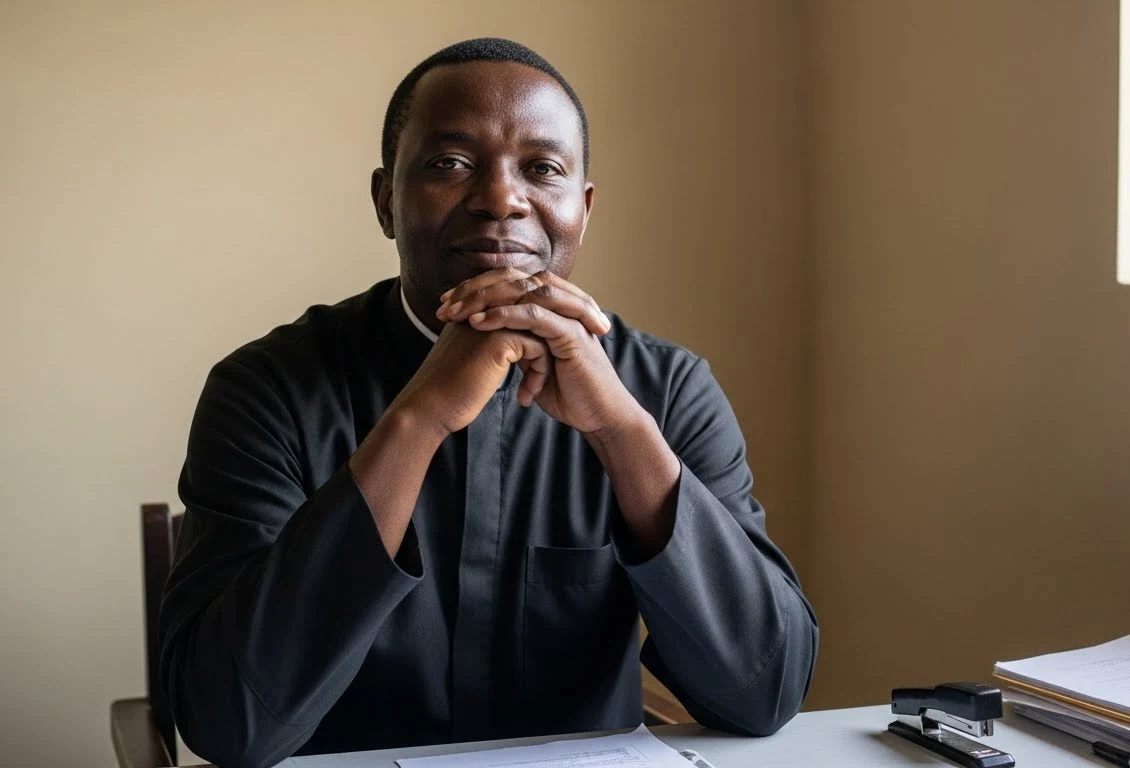 Father Gotfried Mulisa, a priest with the Apostles of Jesus, sits thoughtfully at his desk, reflecting on his work supporting deaf students in Tanzania