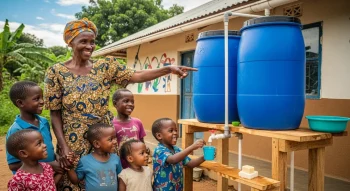 woman showing kids a handwashing station